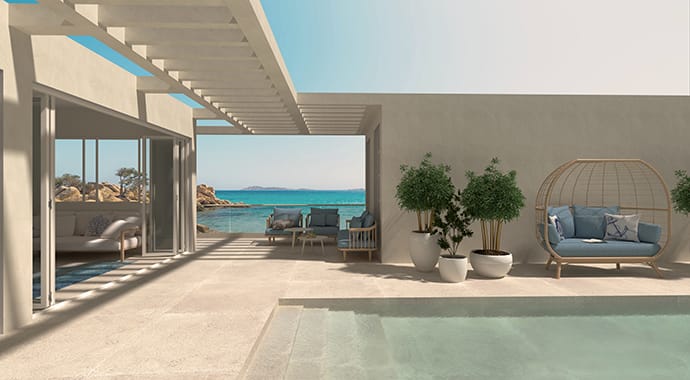 A Sardinian villa with swimming pool, a sea view and plants